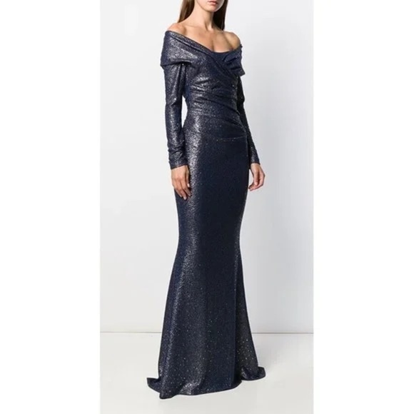 Talbot Runhof Mermaid Royal Navy Glitter Sequin Off The Shoulder Metallic Gown 8 - Picture 1 of 12